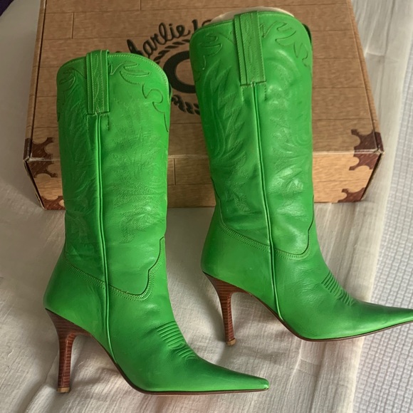 Vibrant Apple Green Charlie Horse Leather Heeled Boots - Picture 6 of 12